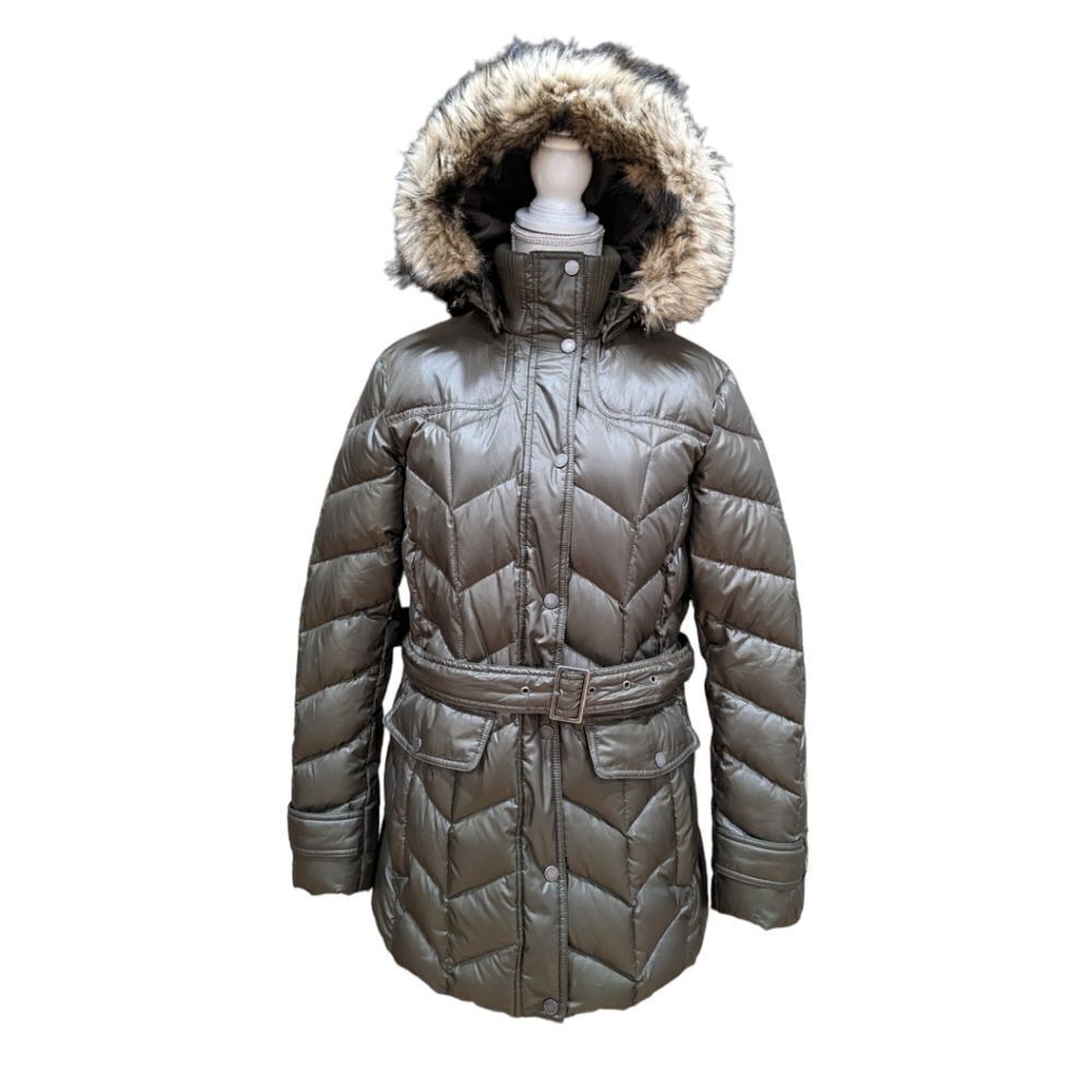 Land's End Knee Length Parka Quilted Puffer Faux Fur Hood Belted L 14-16 Olive